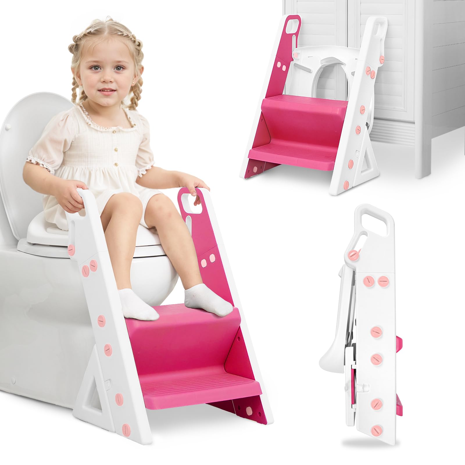 Beavtaens Easy Storage Potty Training Seat with Ladder, Adjustable Step and Toilet Seat Height, Easy-Grip Handles for Climbing, Foldable Portable Toddler Toilet Trainer, Perfect for Small Bathrooms