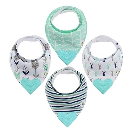 Baby Bandana Teething Bibs with Attached Silicone Teether - Set Of 4 -Solid Blues