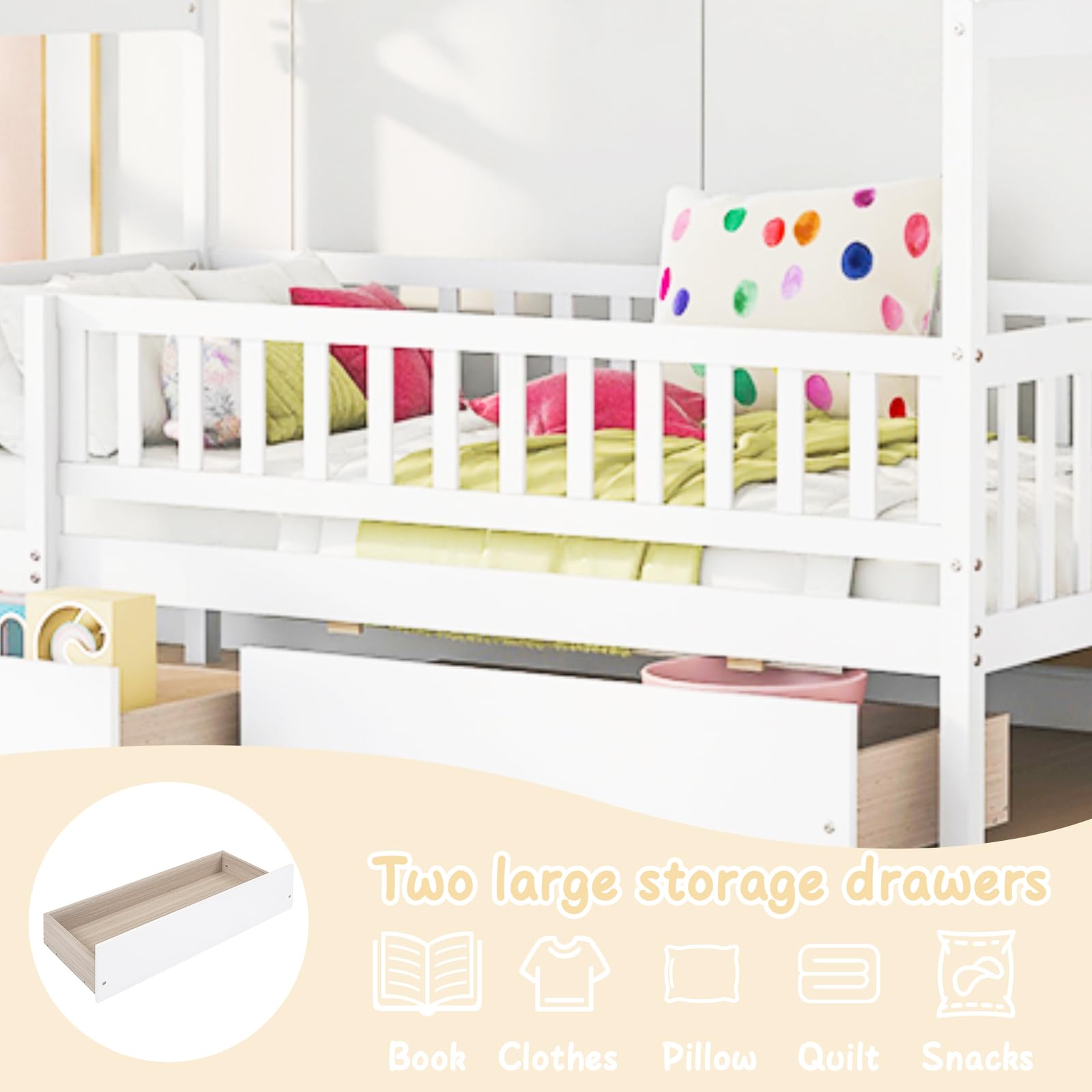 Twin House Bed with Storage Drawers for Kids