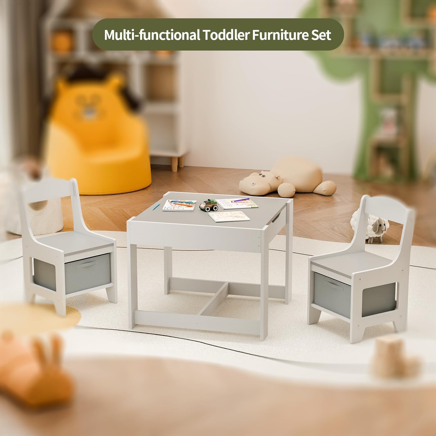 3 in 1 Kids Table and Chairs with Storage and Detachable Top