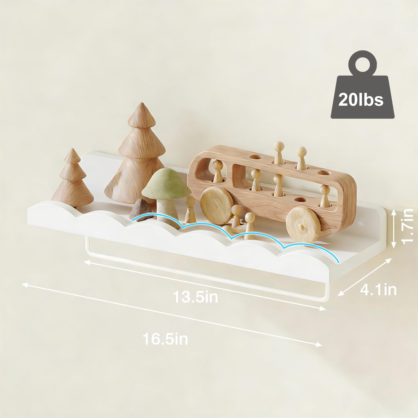 Scalloped Floating Nursery Shelves Set of 4 with Towel Rack