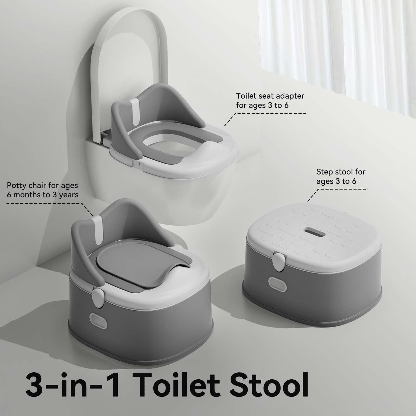 RGKQSY 3 in 1 Toddler Potty Training Toilet Seat with Steps Ladder, Foldable Potty Train Chair Adapter for Toddlers Kids Boys Girls, Gray