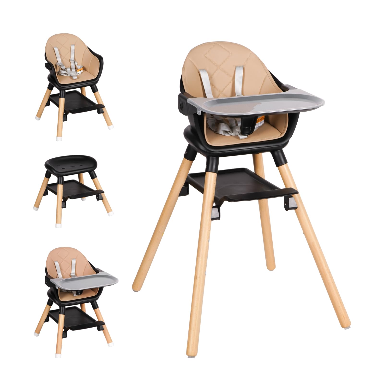 Baby High Chair, 6 in 1 Wooden Convertible High Chairs for Babies and Toddlers