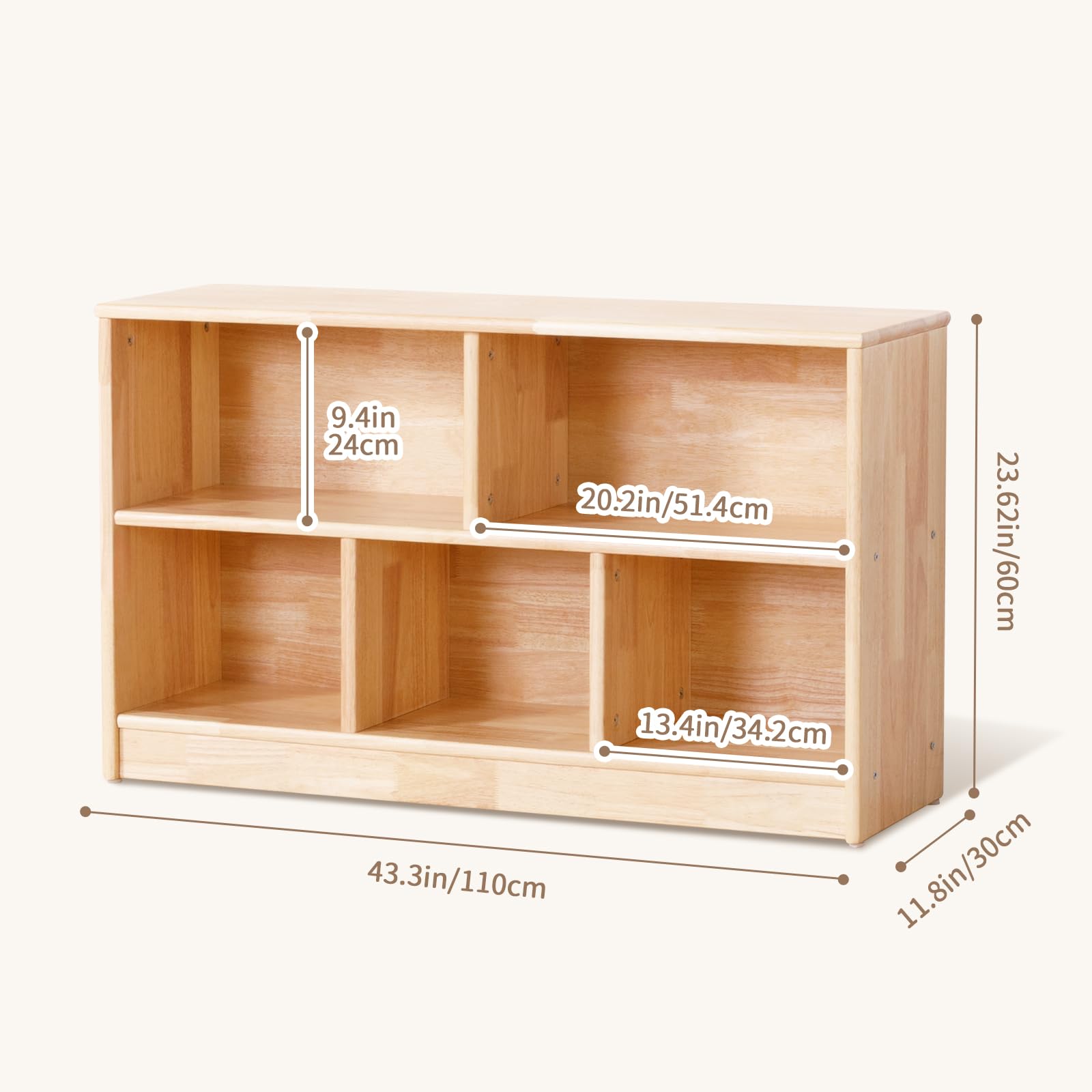 5-Compartment Wooden Storage Shelf - 2-Tier Toy Organizer Cabinet