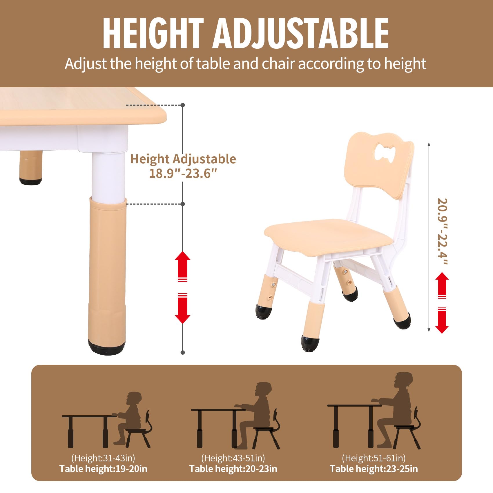 Height Adjustable Kids Table and Chairs Set