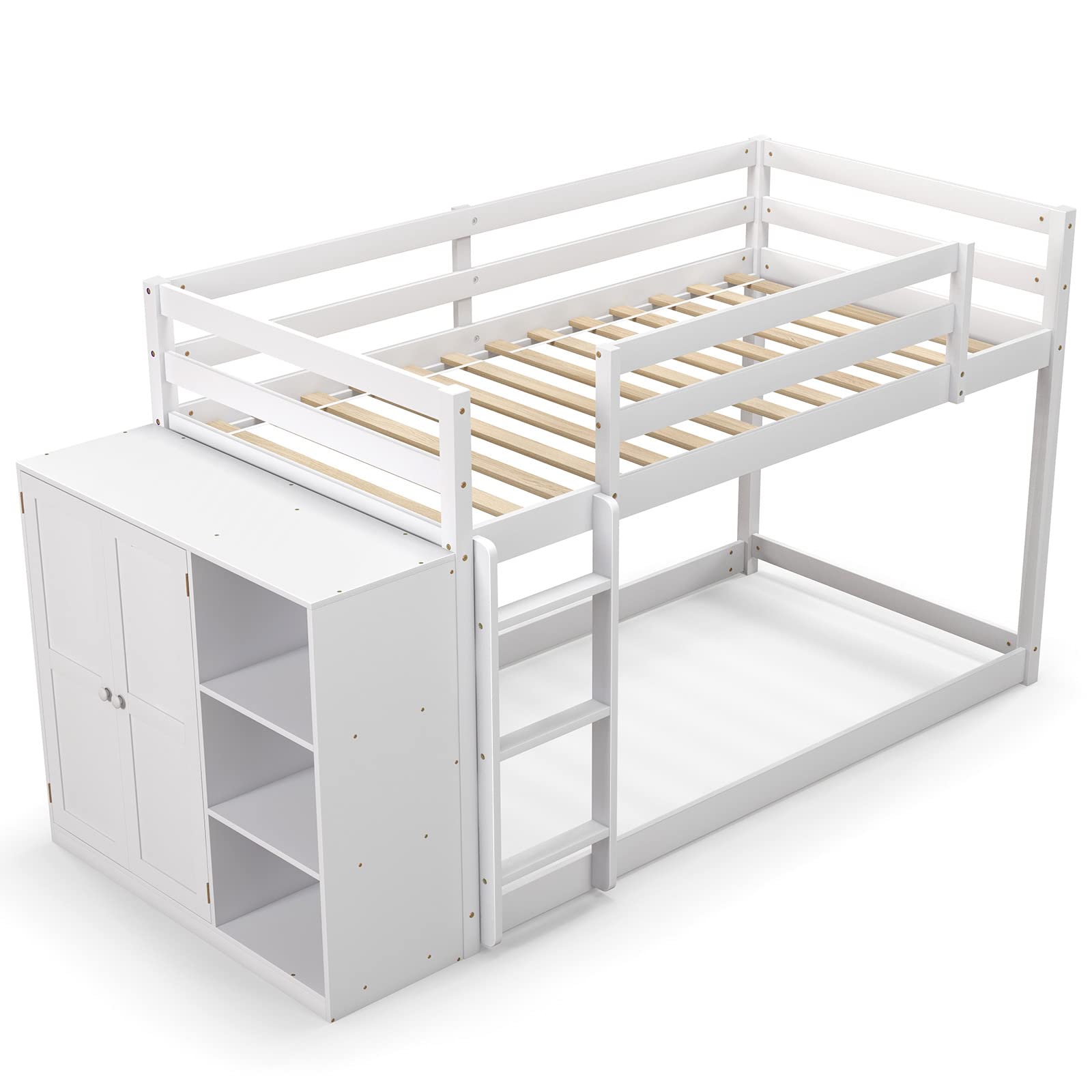 Twin Over Twin Bunk Bed with Storage Shelves, Solid Wood Bunk Bed Frame