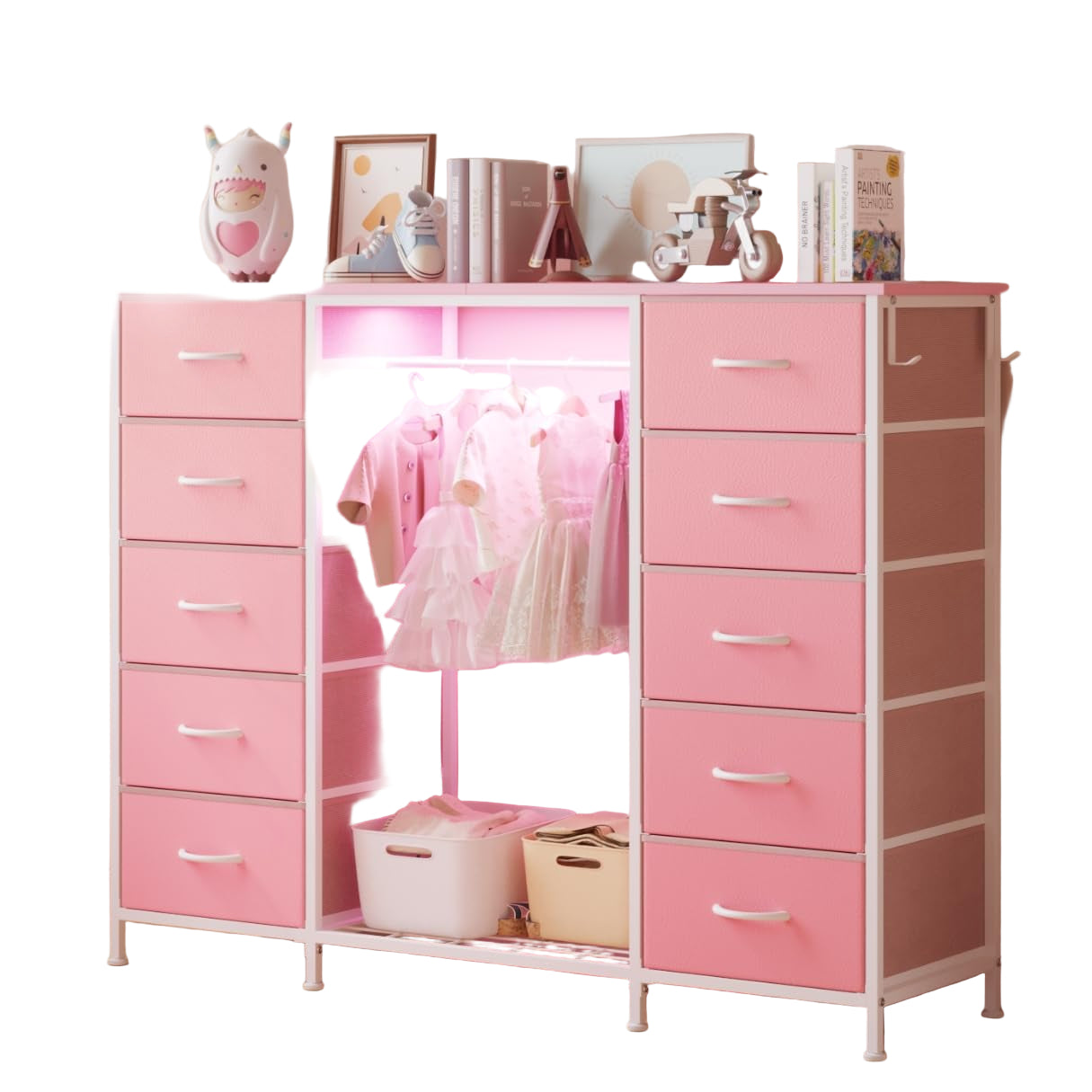 2-in-1 Dresser with Hanging Rack, 10 Drawers Dresser for Bedroom
