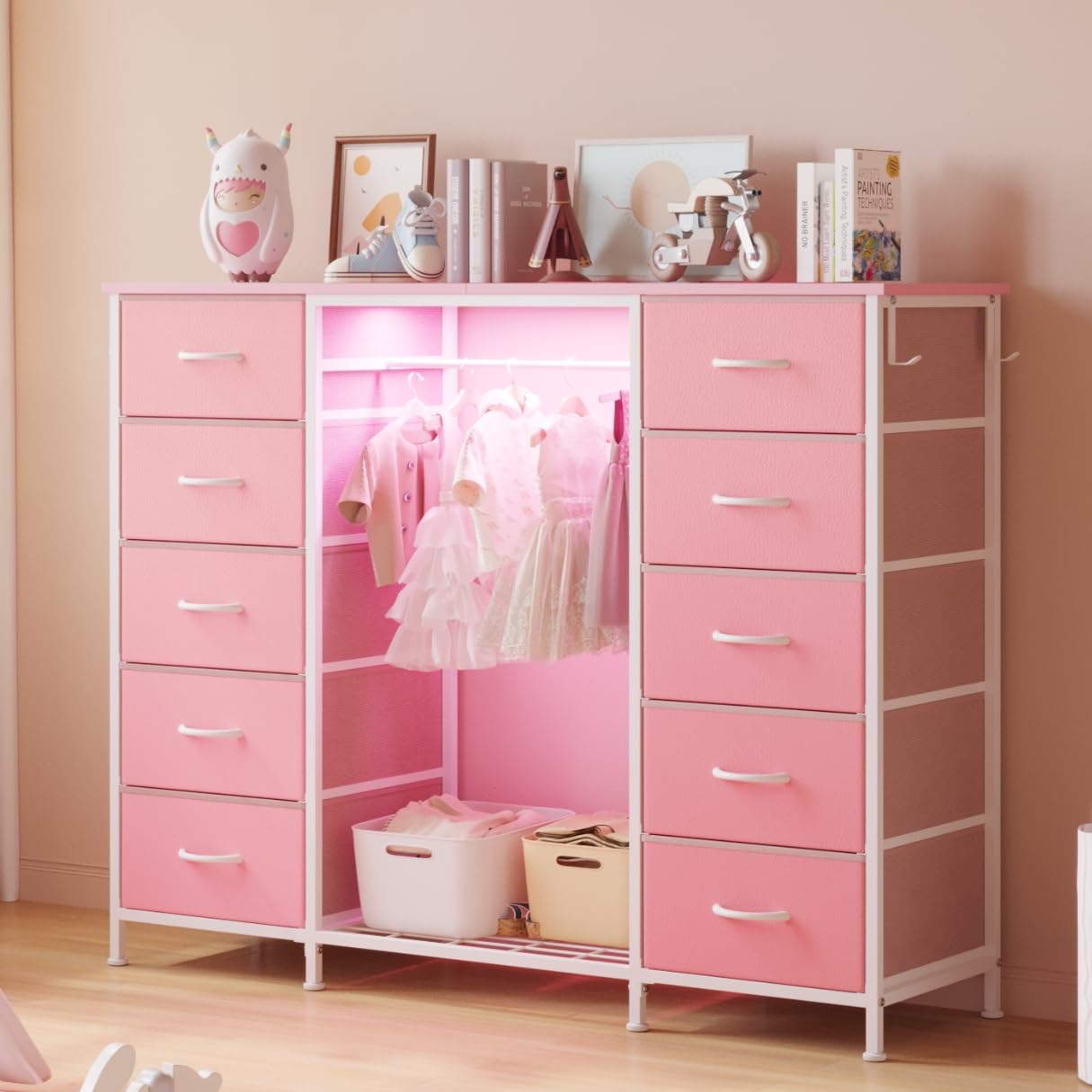 10 Drawer Dresser with Hanging Rack and LED Lights