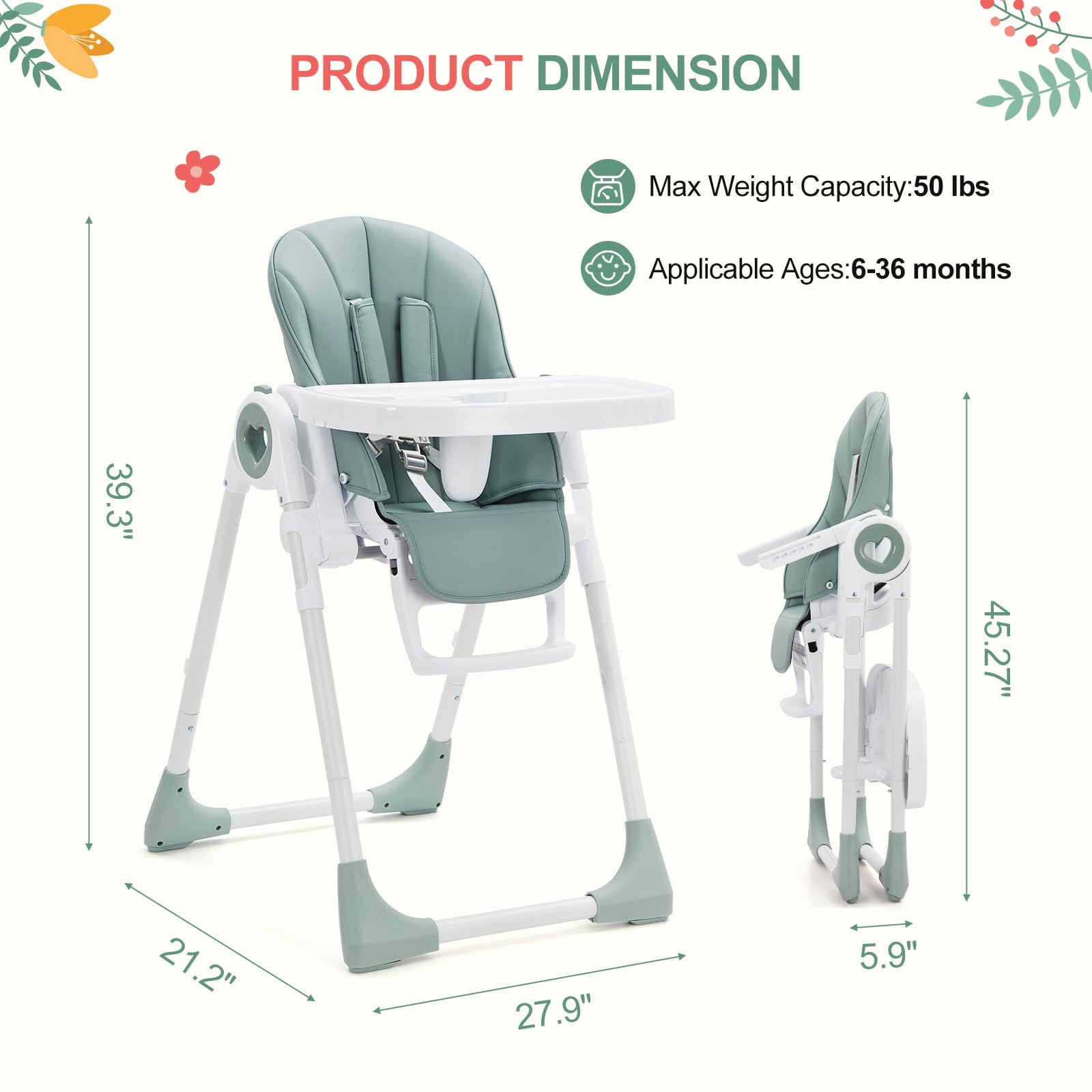 Foldable Baby High Chair with Adjustable Height and Removable Double Tray