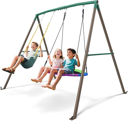 440lbs 2 Seat Swing Sets for Backyard, 1 Saucer Swing