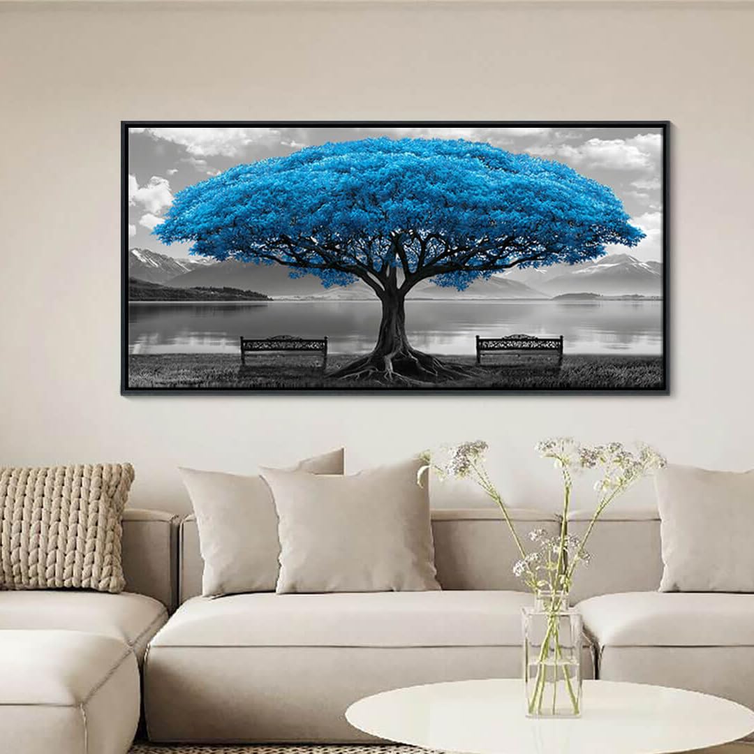 Blue Tree Framed Canvas Wall Art Large Living Room Bedroom Decor