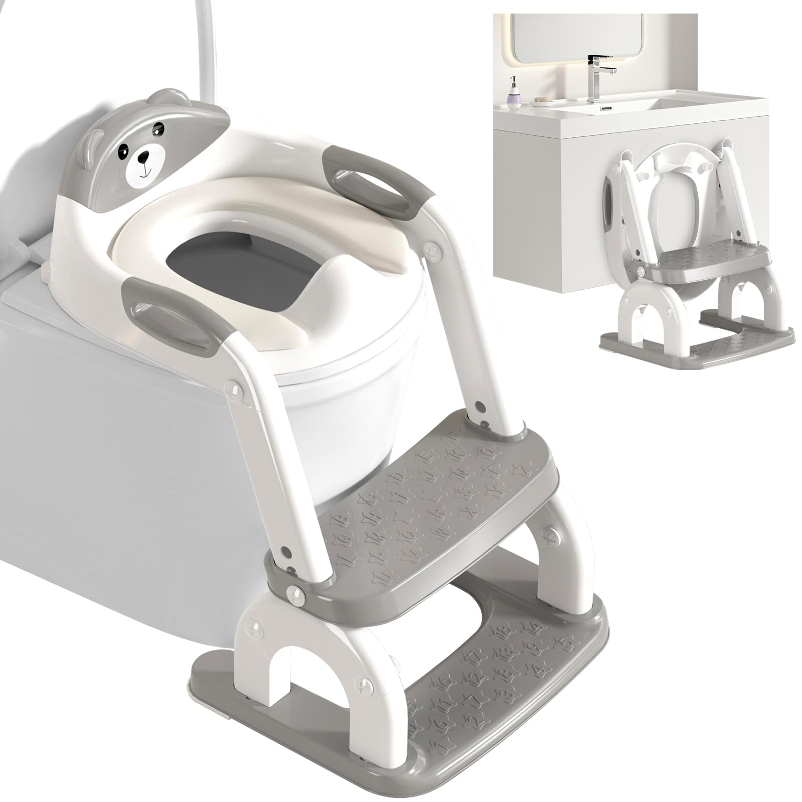 kimitimi Potty Training Seat with Step Stool for Toddlers - Upgrade 2-in-1 Toilet Seat Toilet Ladder for Kids Children Boys Girls, Anti-Slip Pad & Adjustable Height with Waterproof - Grey
