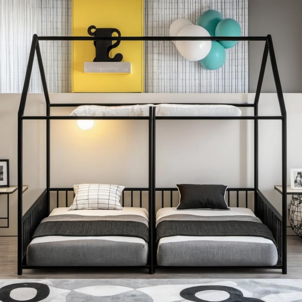 Double Montessori Floor Bed with Fence & Roof for Two Kids Teens Boys Girls