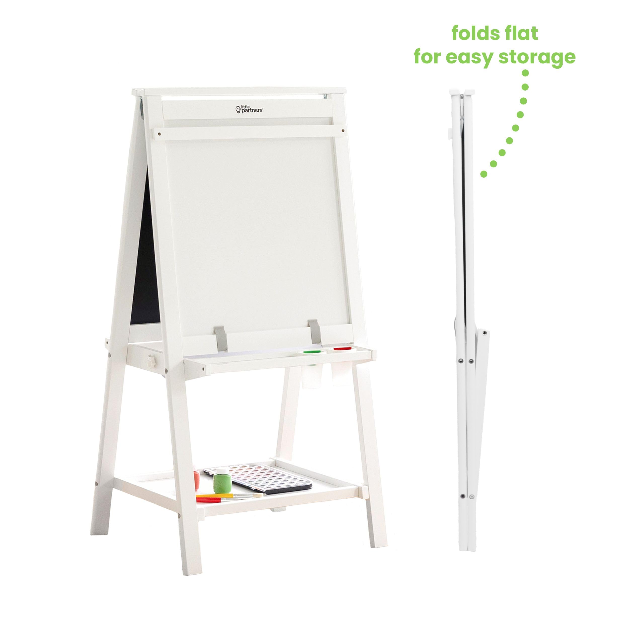 Little Partners Folding EZ Painting Easel for Kids, Dual-Sided Art Easel for Kids Art Station, Folds Flat with Chalkboard, Dry Erase Whiteboard, Paper, Eraser, Paint Cups, Shelf (Soft White)