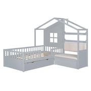 Kids Twin House Bed Frame with Upholstered Sofa and 2 Drawers