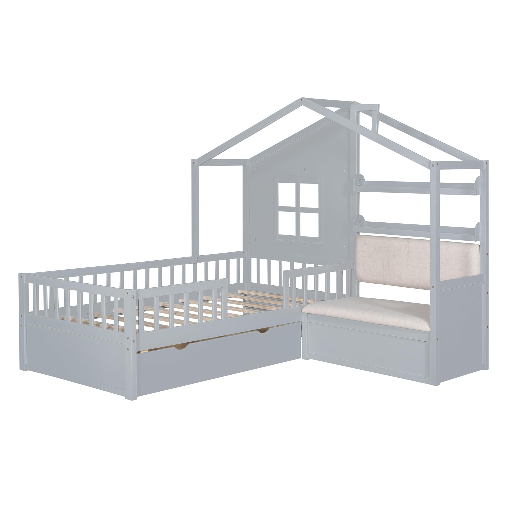 Kids Twin House Bed Frame with Upholstered Sofa and 2 Drawers