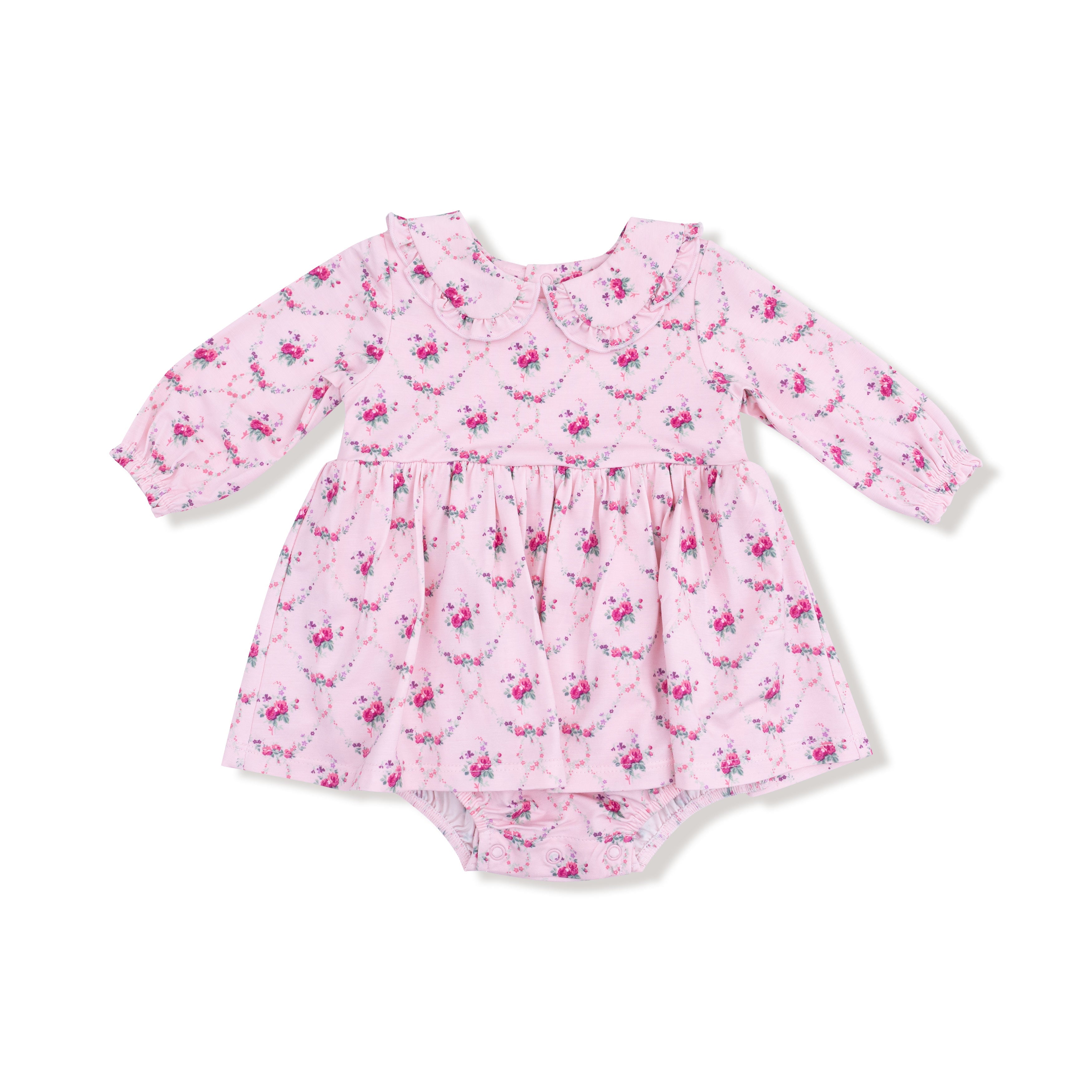 Rose Garden Trellis - Long Sleeve Peter Pan Ruffle Collar Bubble with Skirt