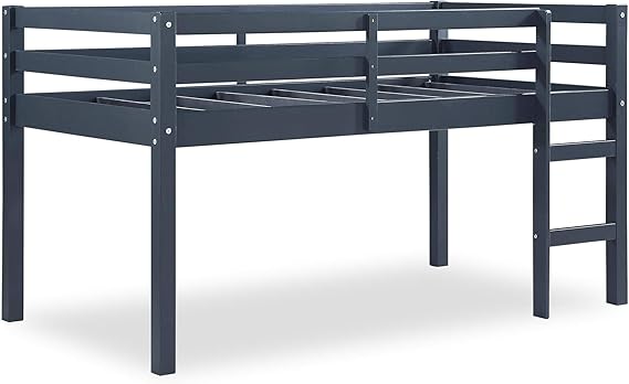 Milton Twin Loft Bed with Safety Guard Rail, Black, Space Saving Junior Size, Pine Wood