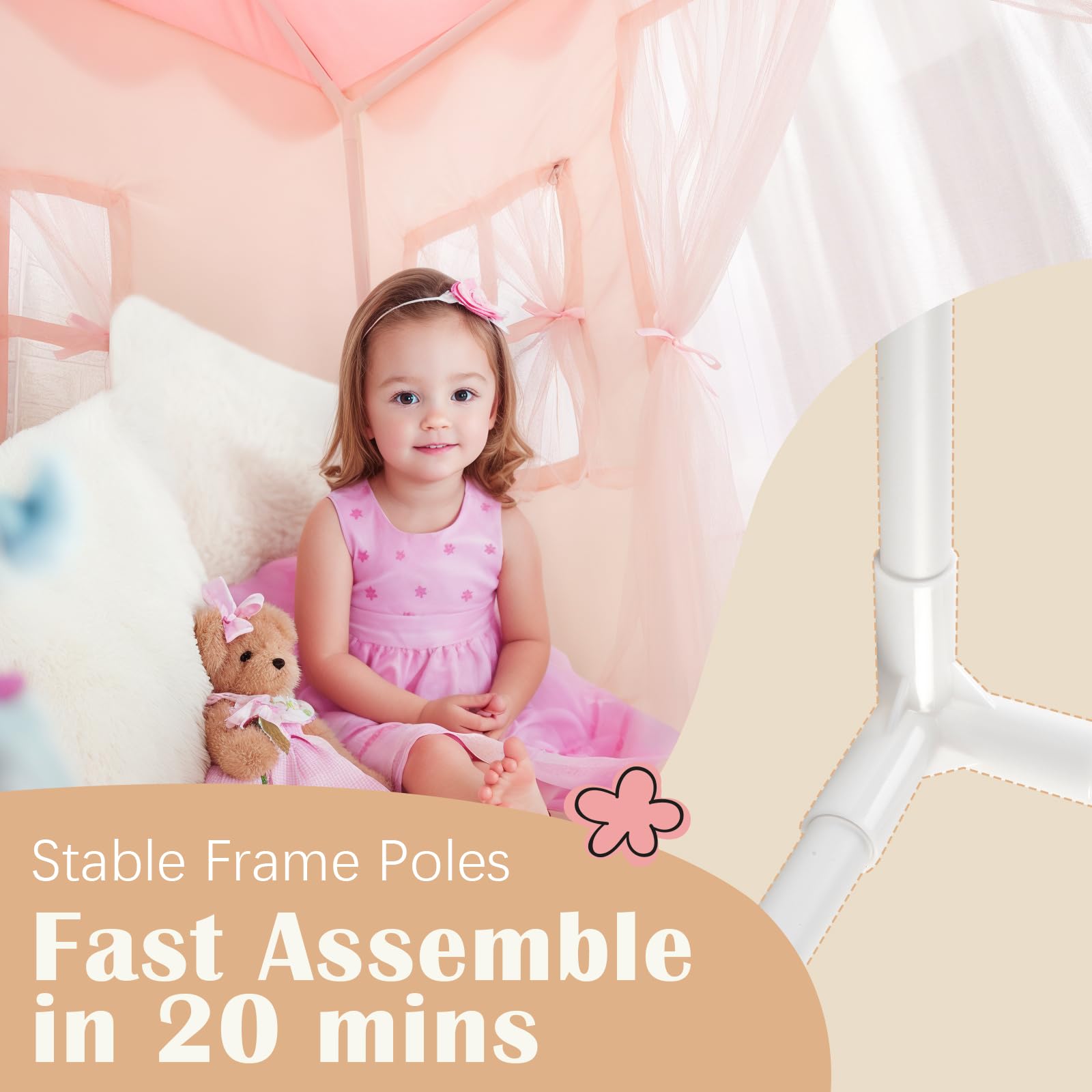 Hopeseily Kids Play Tent with Non-Slip Mat, Star String, Decorating Flag, Machine Washable Large Playhouse, Indoor and Outdoor Play Tent for Kids, Pink, 47" x 40" x 52"