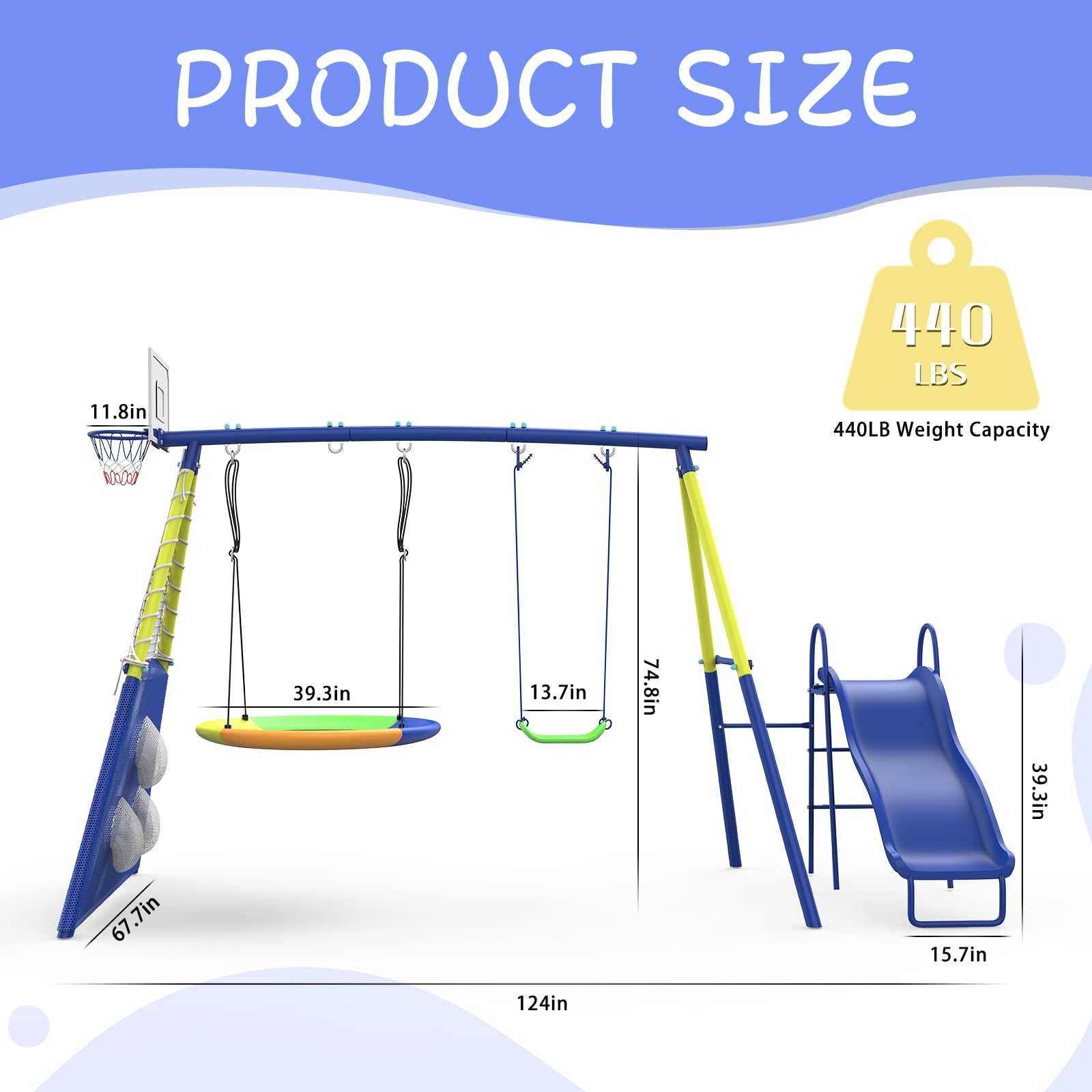 5-in-1 Metal Swing Set with Slide Basketball Hoop Soccer Goal