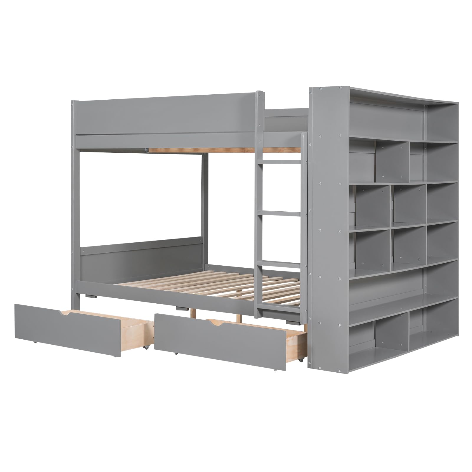 Full Over Full Bunk Bed with 2 Drawers and Multi-Layer Cabinet, Gray