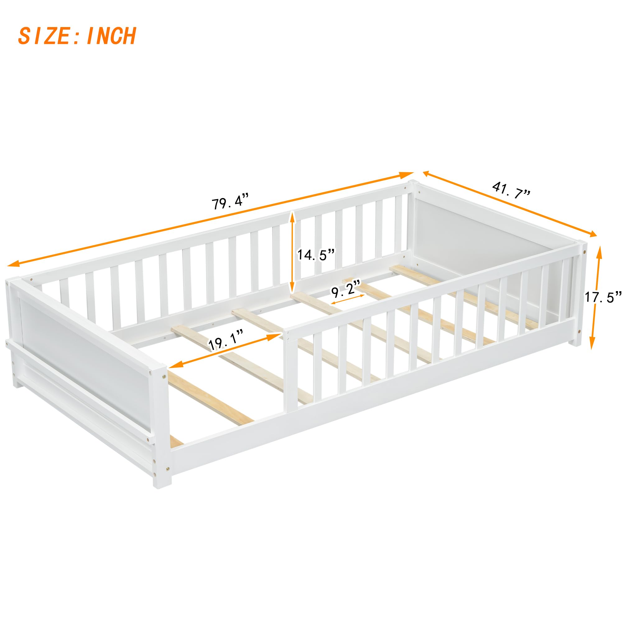 Twin Montessori Floor Bed with Book Storage and Safety Guardrails