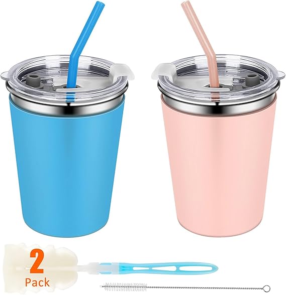 12 Pack Kids Cups Spill Proof, 12oz Stainless Steel Sippy Cup with Straws and Lids