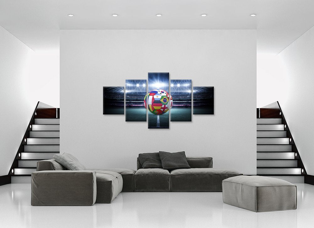 Large 5 Pieces Canvas Wall Art Light Shining Soccer Ball Stadium Close