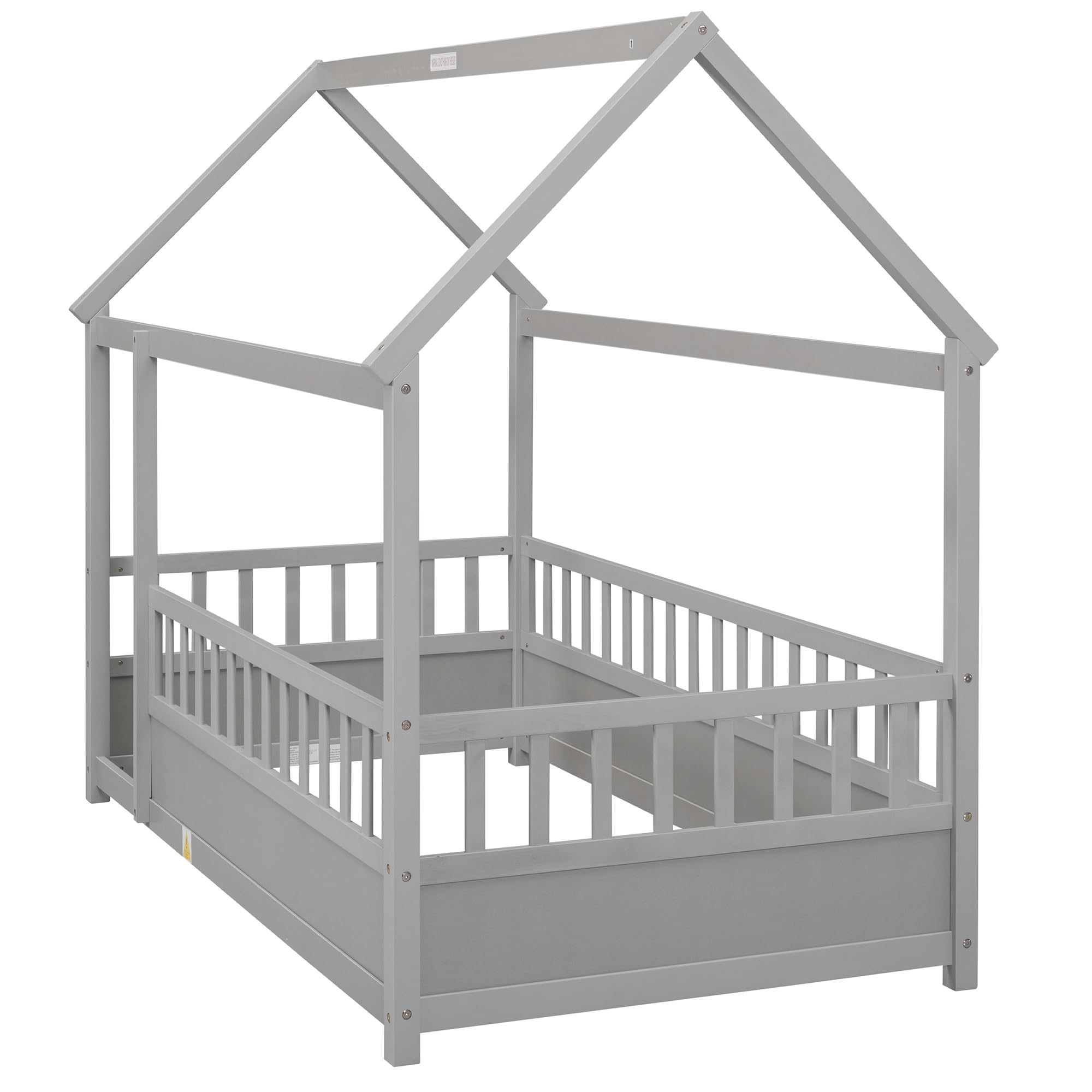 Kids Montessori Twin Size Floor Bed with High Fence, House Bed for Kids, Wooden, Gray