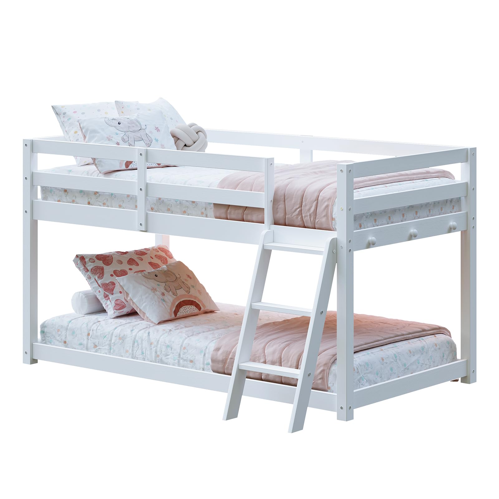 Low Bunk Bed with Guardrail and LED Light, Floor Toddler Bunk Bed Twin Over Twin