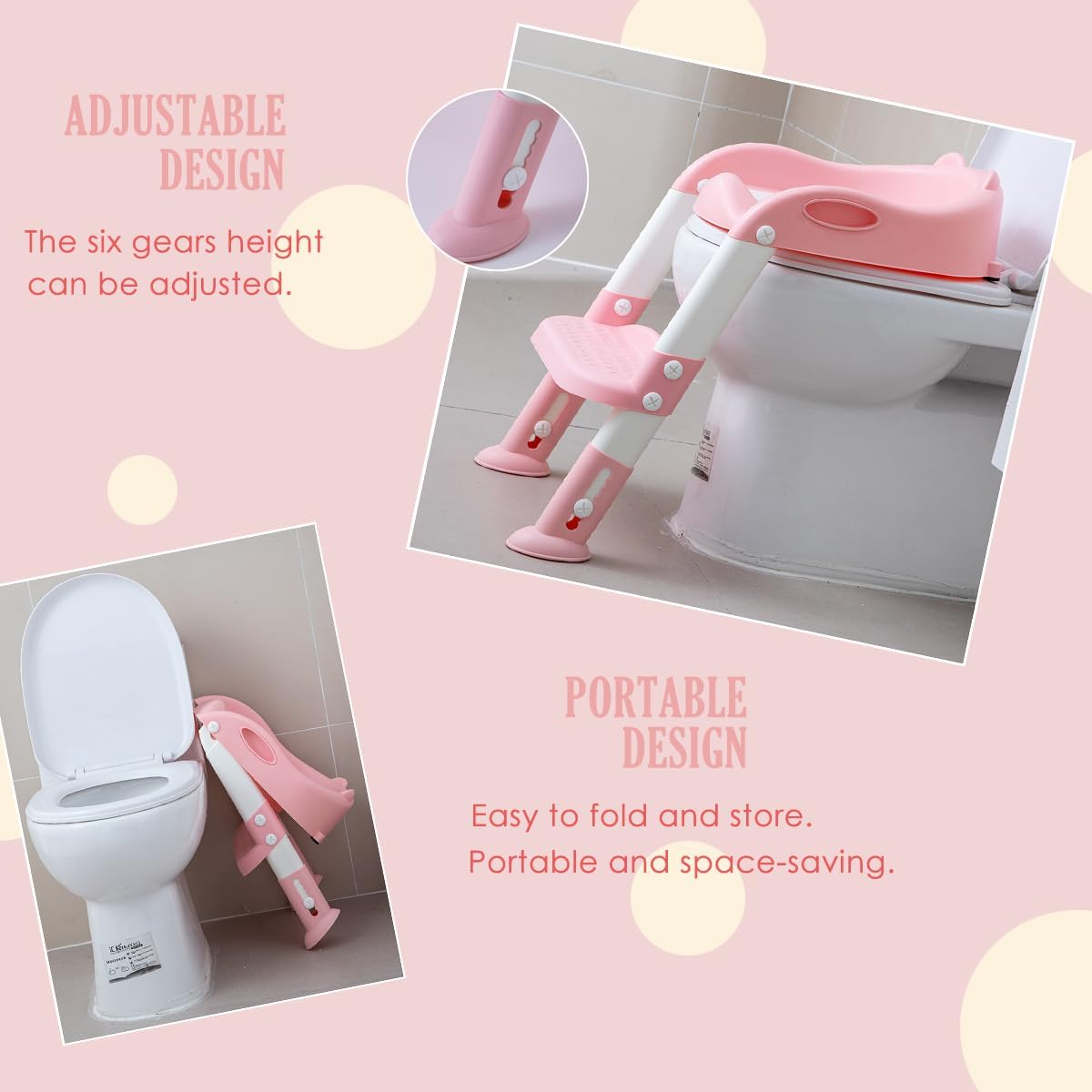 EGREE Potty Training Toilet Chair Seat with Step Stool Ladder for Kids and Toddler Boys Girls - Foldable Height Adjustable Children Toilet Training Seat with Safe Handles & Anti-Slip Pads, White-Pink