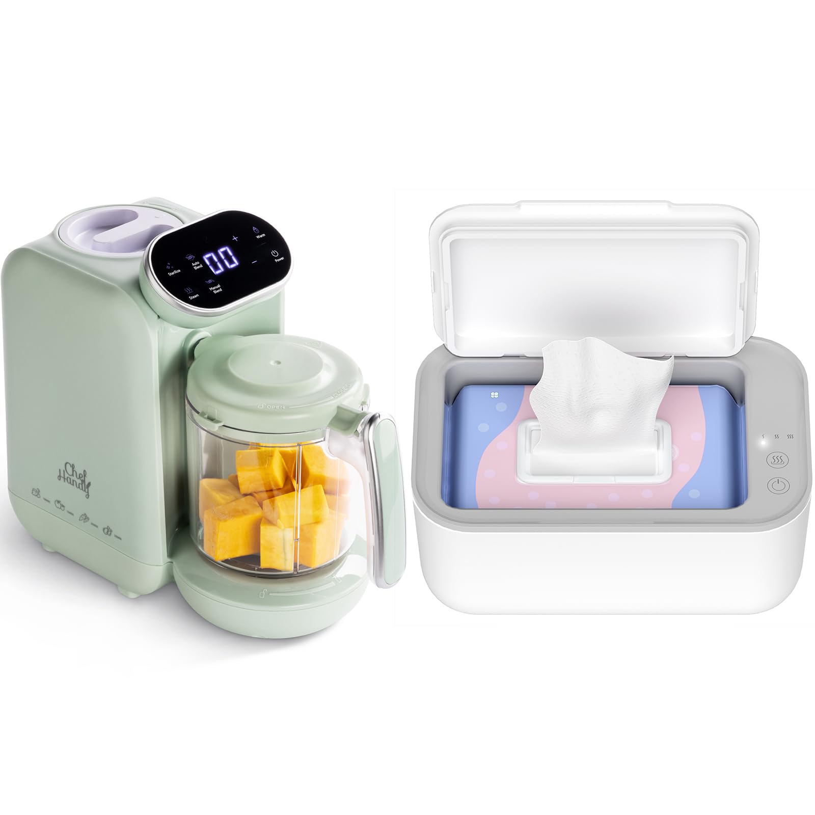 Green Baby Food Maker and White Baby Wipe Warmer
