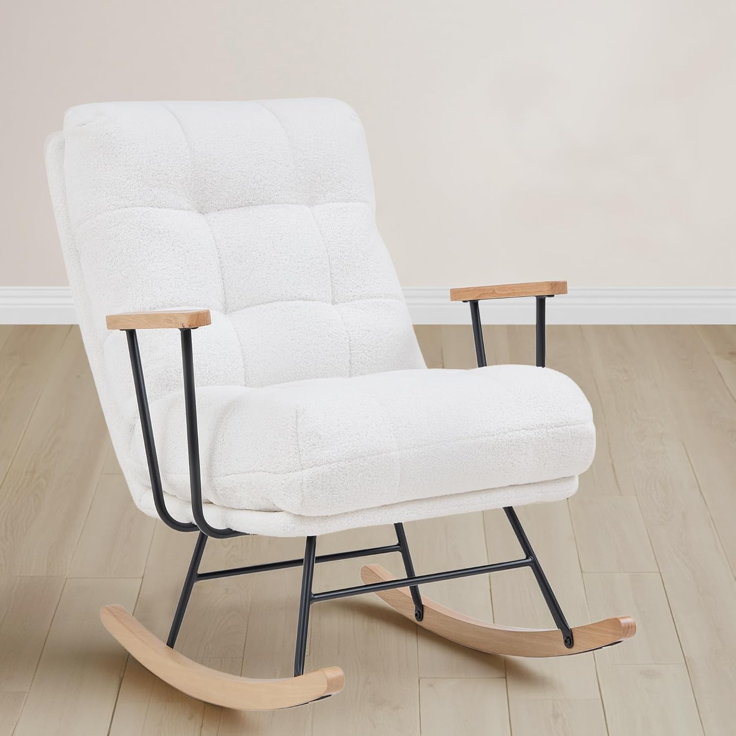 Oversized Teddy Fabric Nursery Rocking Chair with High Backrest