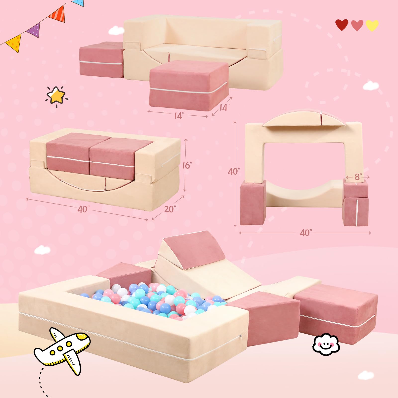 Modular Kids Play Couch, Kids Sofa Toddler Couch, Foam Play Set with Recliner