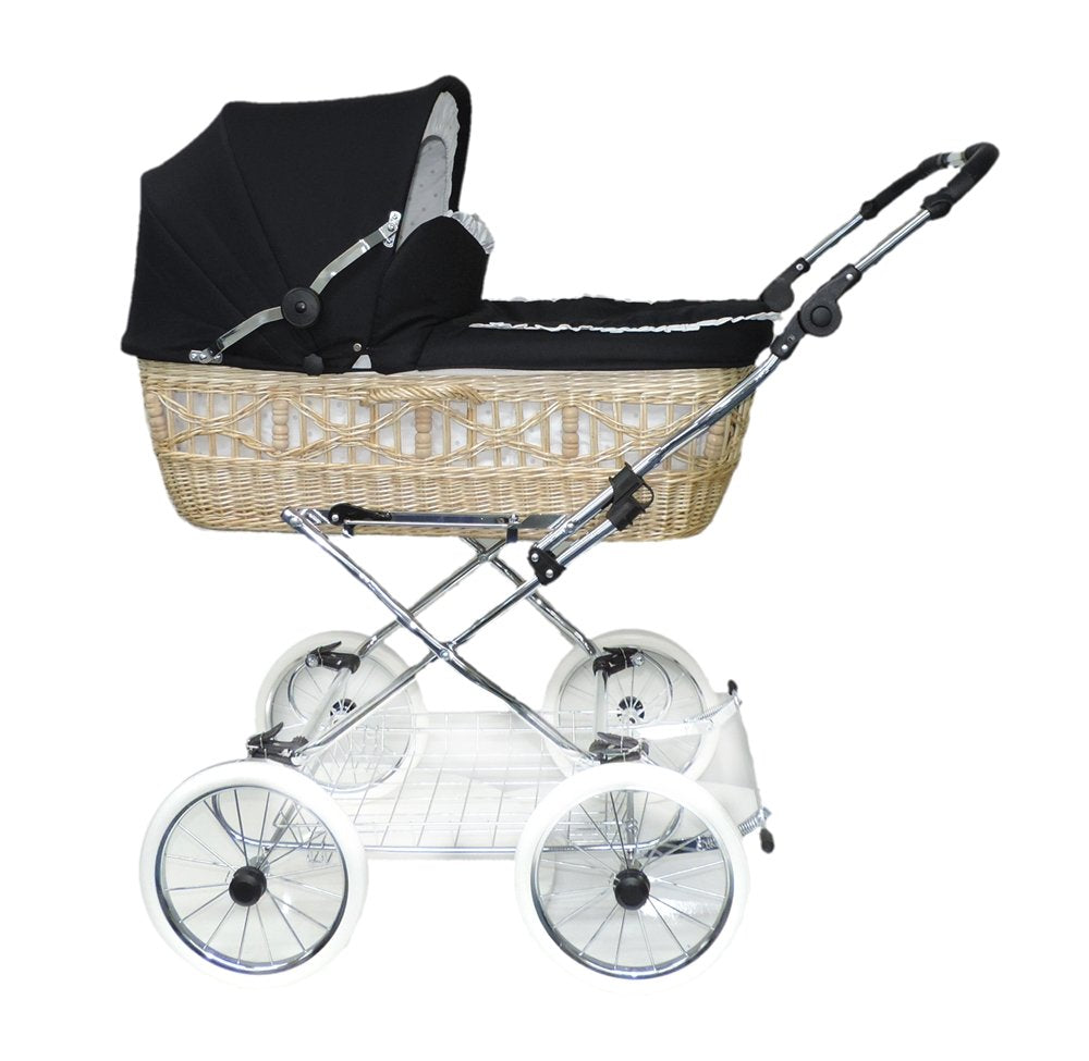 Basket Pram with Leather Strap Frame with Sliding Height Adjustment Basket Natural Willow