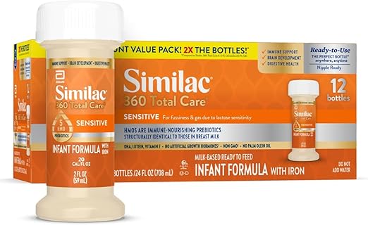 Similac 360 Total Care Sensitive Infant Formula for Fussiness & Gas Due to Lactose Sensitivity, Has 5 HMO Prebiotics, Non-GMO, Baby Formula, Ready to Feed, 8-fl-oz Bottle, Pack of 24