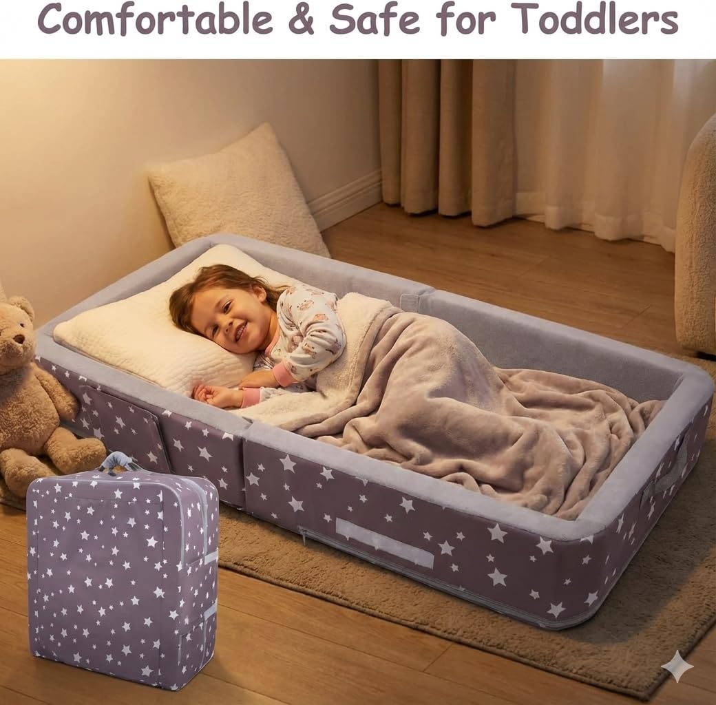 Foldable Toddler Travel Bed with Safety Rails and Washable Cover