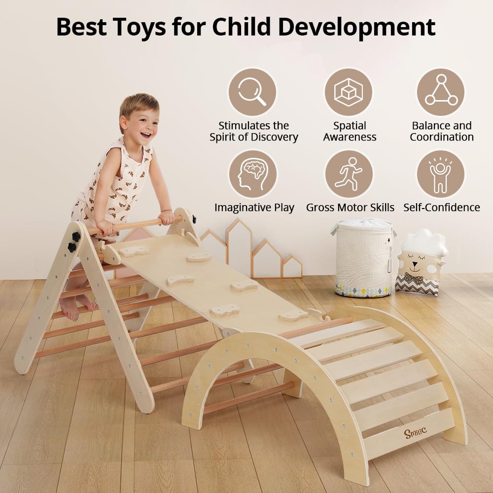 Pikler Triangle Climbing Set with Cushion and Arch Ramp