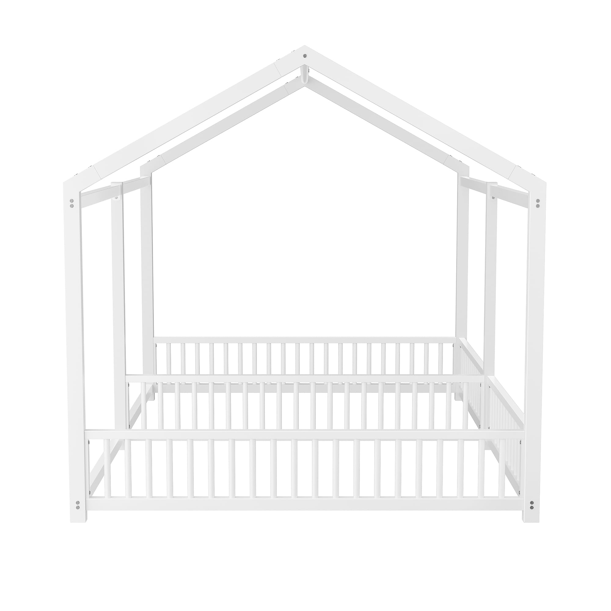 Double Twin House Floor Bed with Fence and Roof