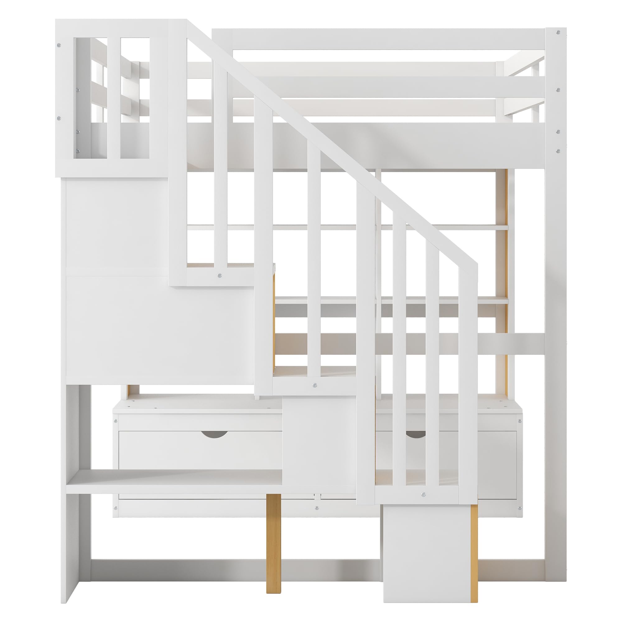 Merax Full Size Wood Loft Bed Frame with 2 Built-in Drawers,Desk,Shelves and Storage Staircase for Bedroom