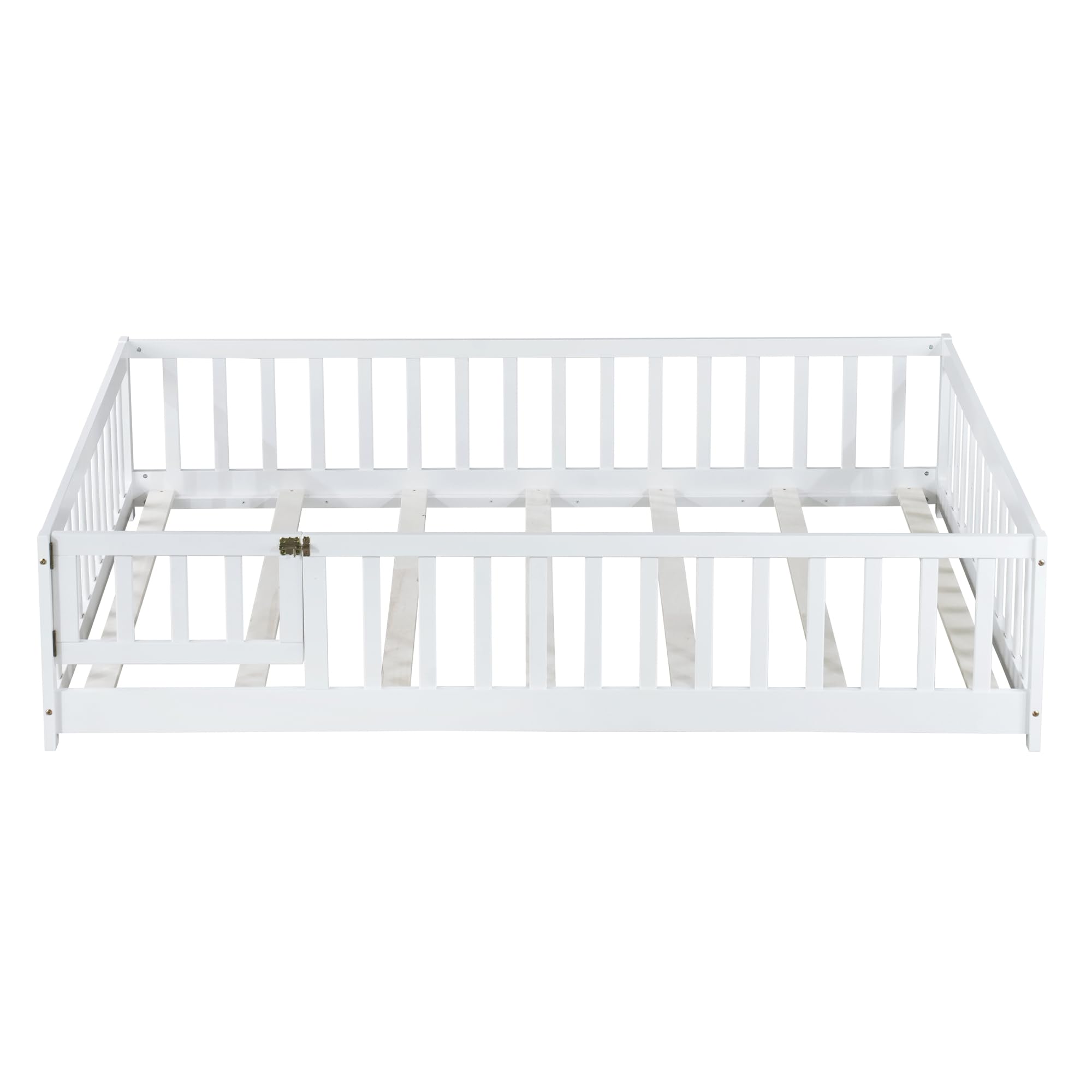 Full Size Floor Bed Frame with Slats and Safety Guardrail