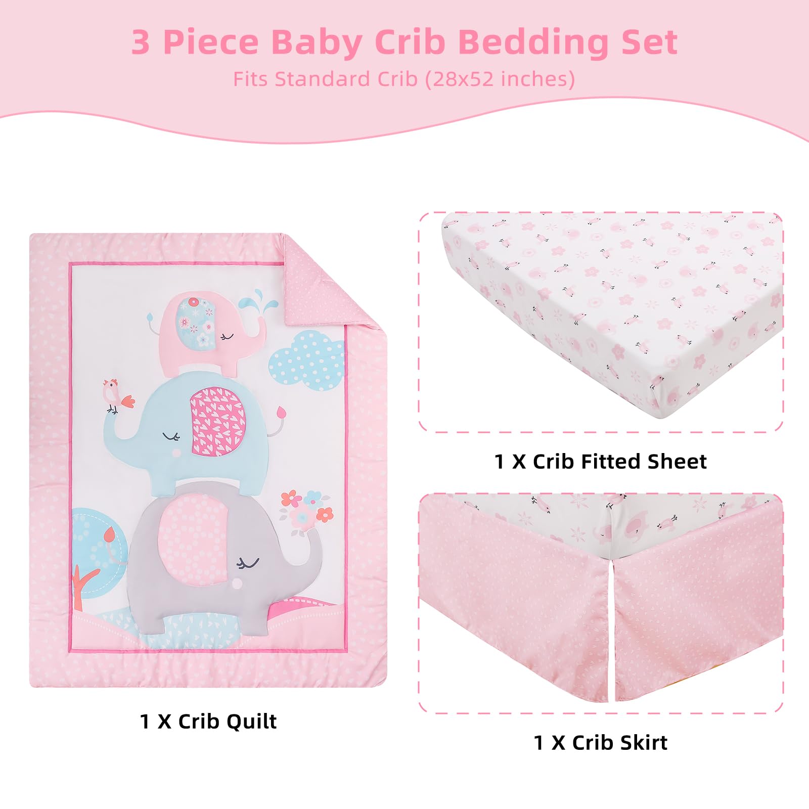 Pink Elephant Baby Crib Bedding Set 3 Piece for Girls
