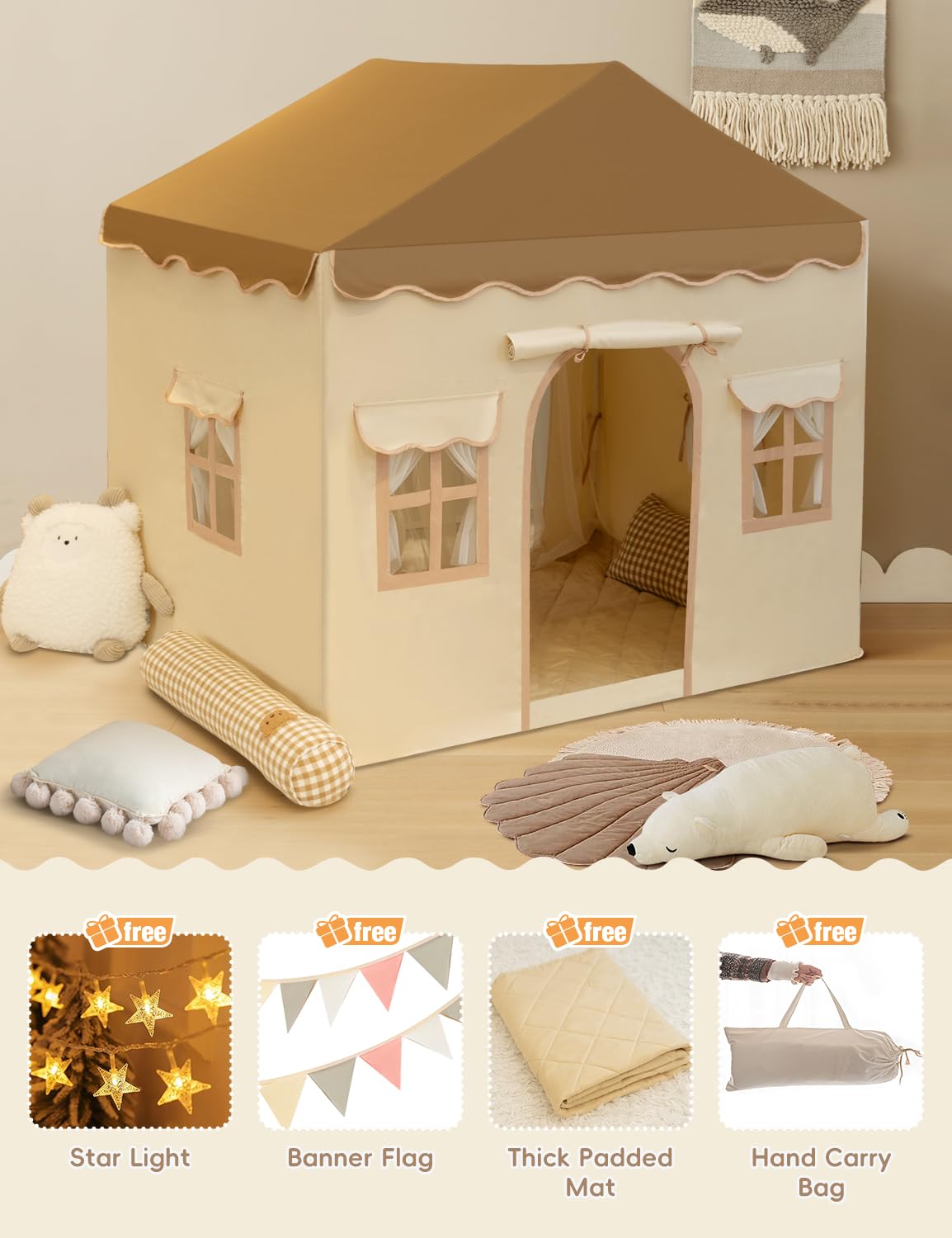 WIRHAO Kids Tent with Padded Mat Kids Playhouse Tent 2 in 1, Play Tent Large Space Indoor with 2 Doors and 4 Windows for Girls Boys with Stars Lights, Carry Bag, Banner Flag (Brown, 2 in 1)