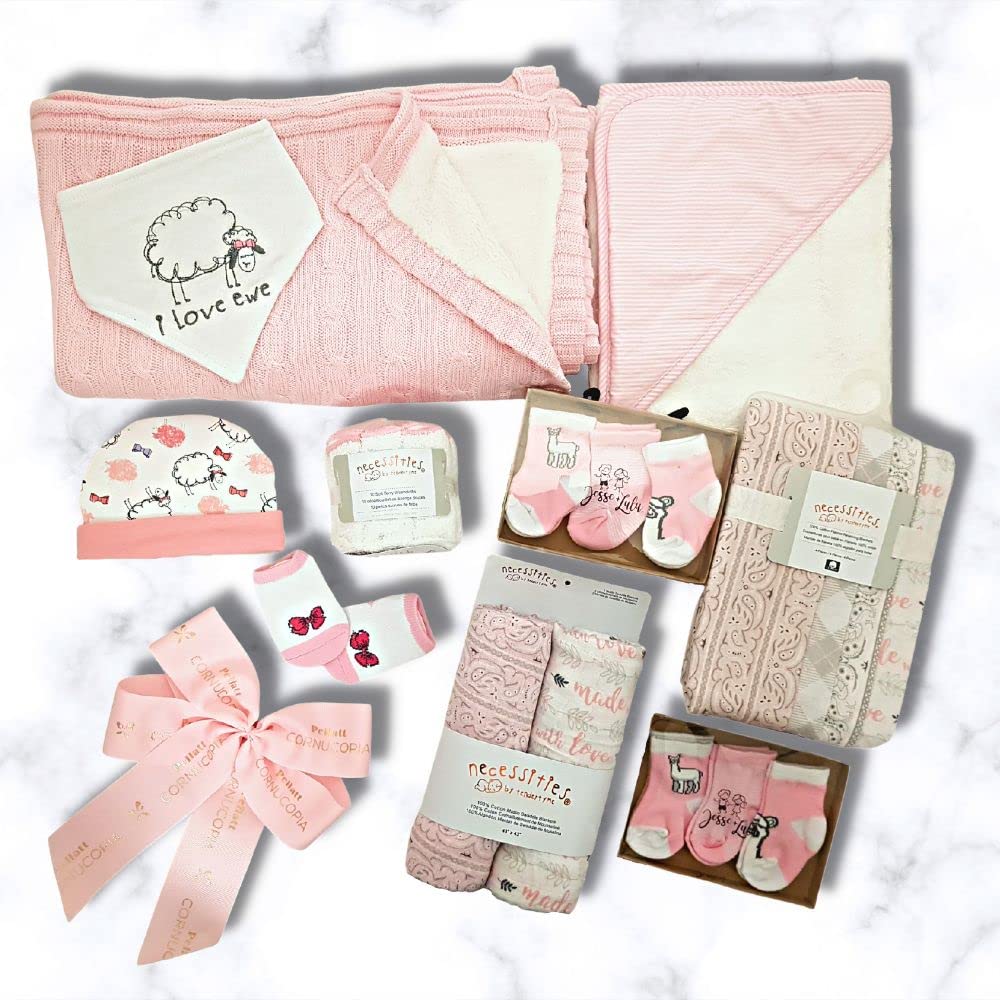Girl Gift Basket with Essentials, Swaddling Set, Receiving Blanket