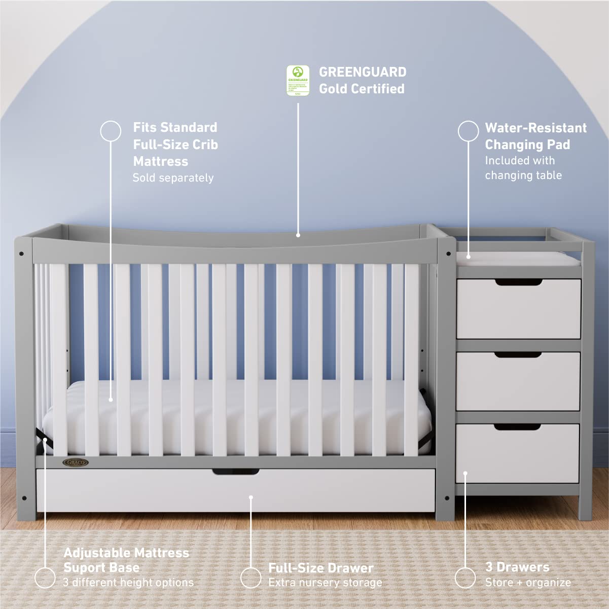 4-In-1 Convertible Crib & Changer With Drawer (Pebble Gray & White)