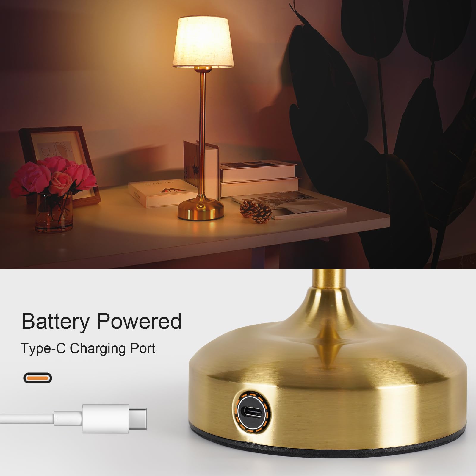 YAYZA! Cordless Table Lamp Adjustable Height Desk lamp, Fabric Shade 7500mAh Rechargeable LED Wireless Touch Night Light Stepless Dimming, 3 Color Temperatures with Edison Bulb (High Gold - 1 Pack)