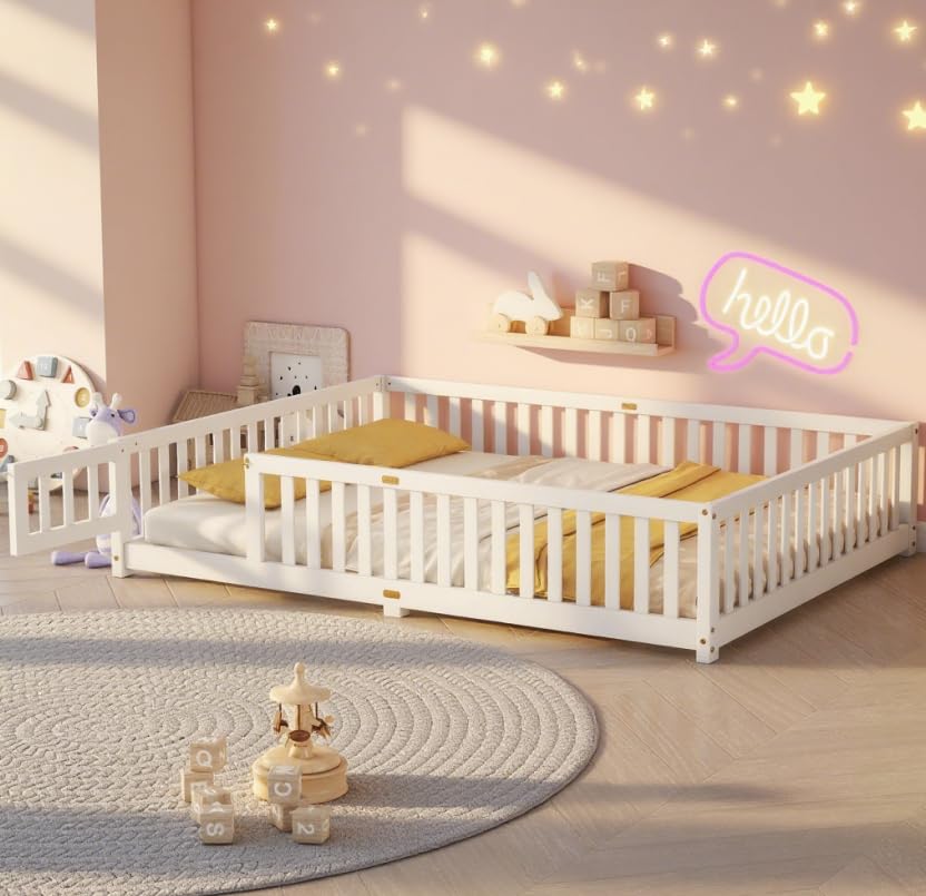 Queen Size Floor Bed for Kids, Girls, Boys, Wood Floor Bed with slats and Door, White