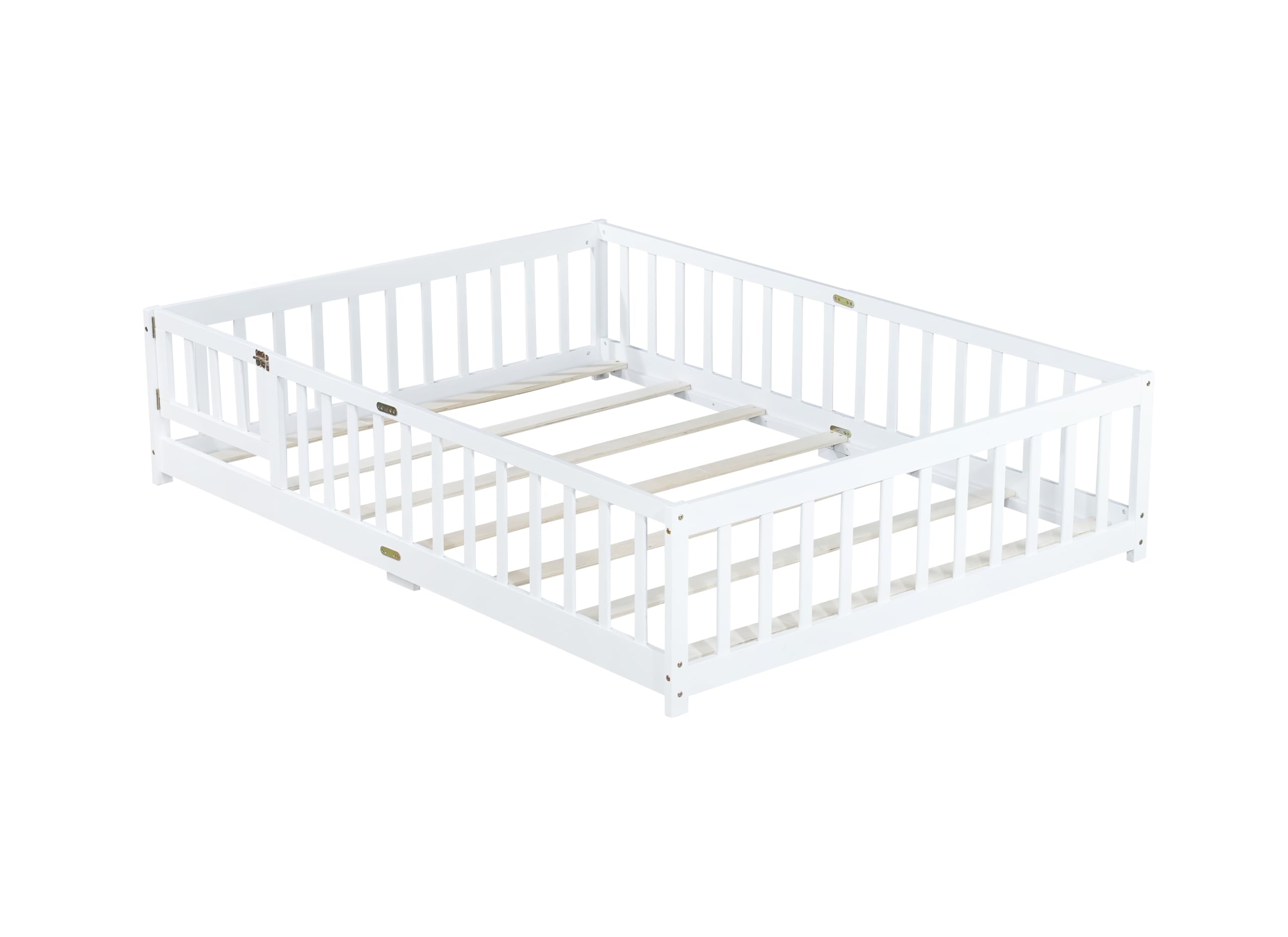 Full Size Floor Bed with Fence and Door,Rubber Wood Floor Bed w/Safety Guardrails/Near