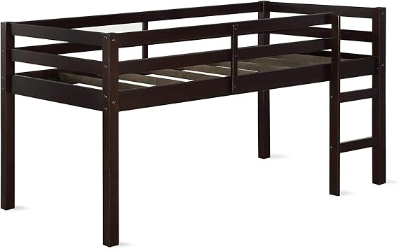 Milton Twin Loft Bed with Safety Guard Rail, Black, Space Saving Junior Size, Pine Wood