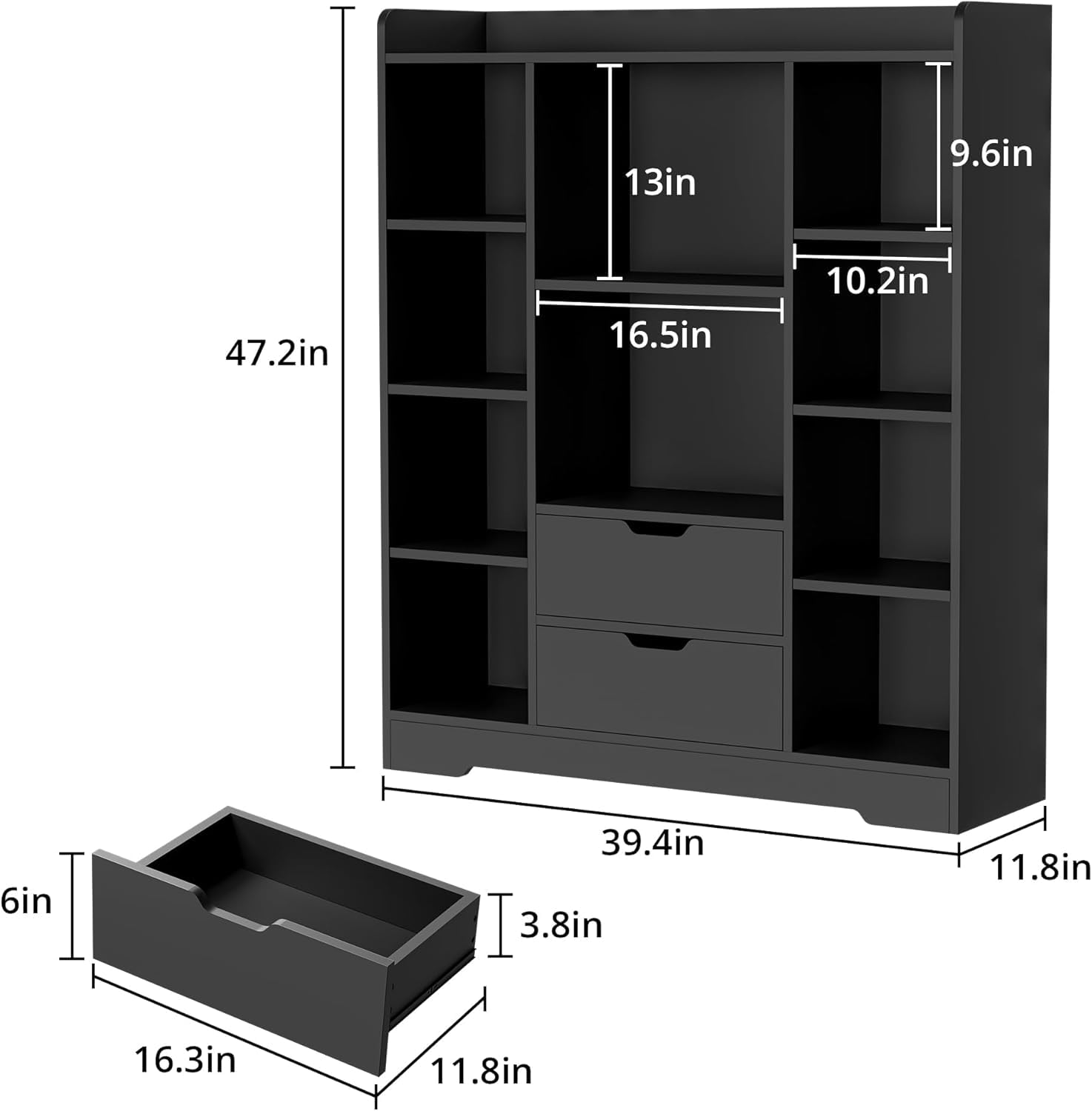Kids Bookshelf Storage Organizer with 10 Cubes and 2 Drawers
